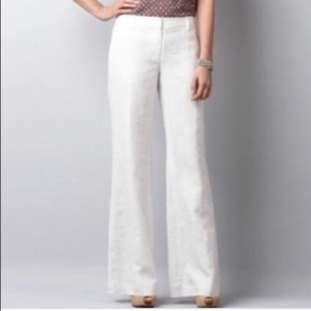 LOFT Julie Trouser Pants Wide Leg White Linen